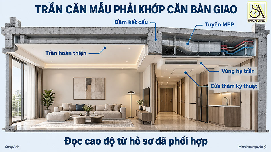 Mặt cắt trần căn hộ mẫu cho thấy dầm, tuyến MEP, trần hoàn thiện, vùng hạ trần và cửa thăm kỹ thuật.